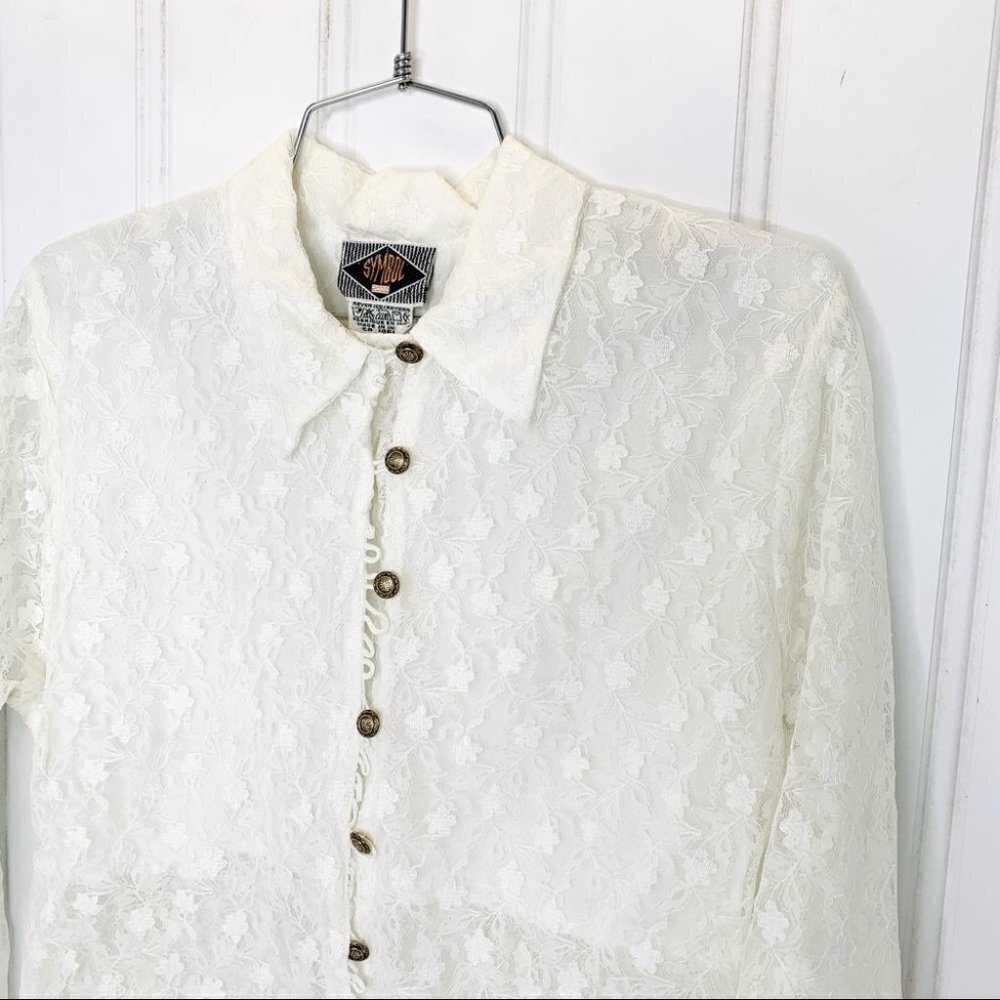 VINTAGE SYMBOL WHITE  LACE BUTTON DOWN GOLD BUTTONS SEMI SHEER WOMEN SHI… - Picture 4 of 14
